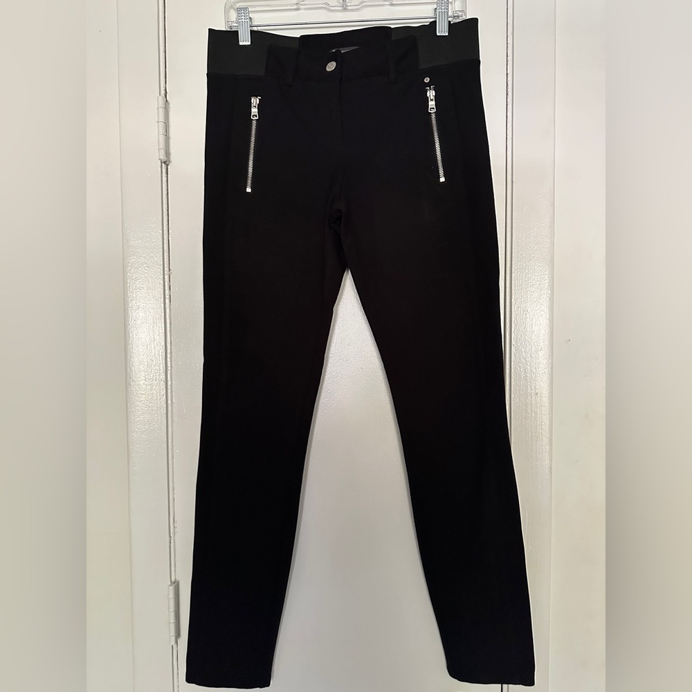 Armani Exchange size 6 Black Dress Pants Silver Zippers elastic waist side trim